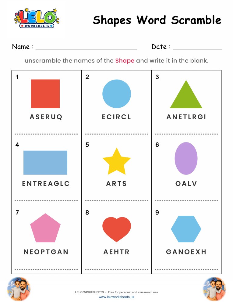 Spelling Word Scramble Shapes Worksheet worksheet preview