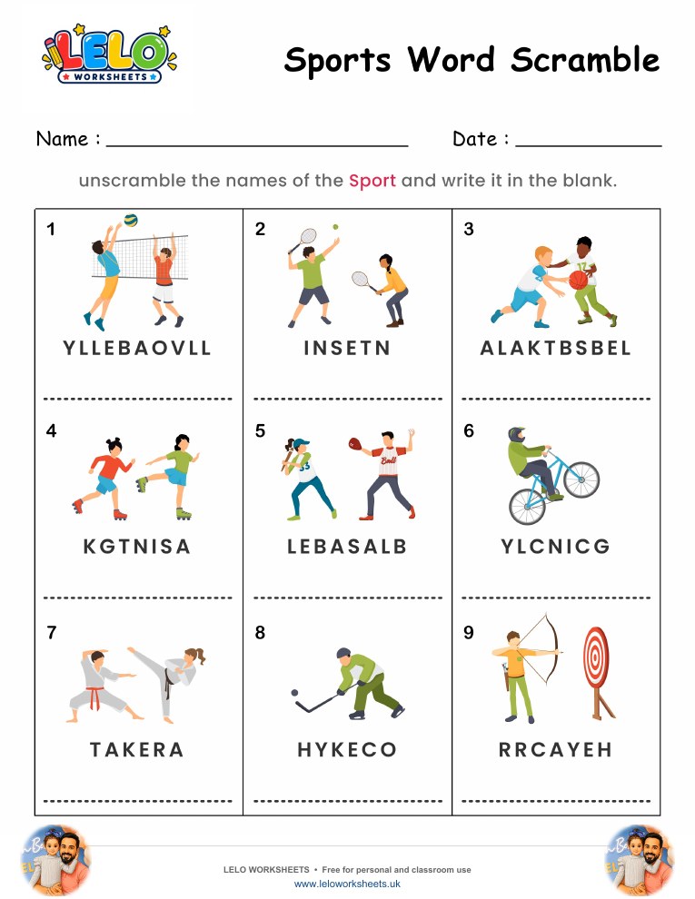 Spelling Word Scramble Sports Worksheet worksheet preview