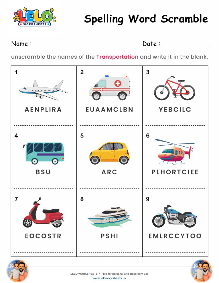 Spelling Word Scramble Transportation Worksheet worksheet preview