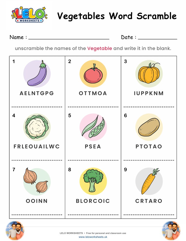 Spelling Word Scramble Vegetables Worksheet worksheet preview