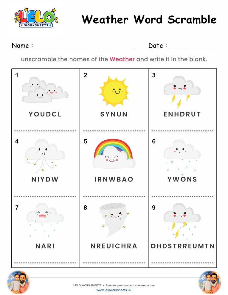 Spelling Word Scramble Weather Worksheet worksheet preview