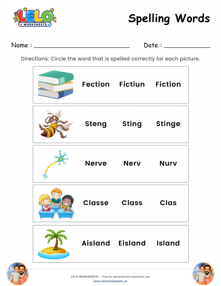 Spelling words Worksheet 1 worksheet preview