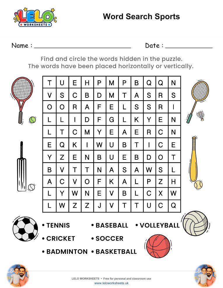 Word Search Sports Worksheet worksheet preview