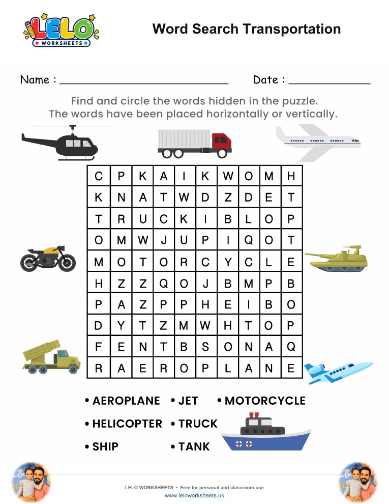 Word Search Transportation Worksheet worksheet preview